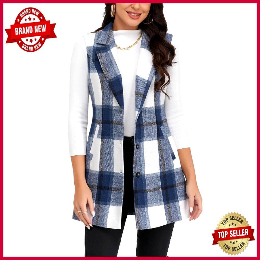 Wool Plaid Long Vest Sleeveless Blazer Lapel Outerwear Fall Winter